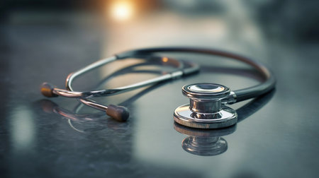 A close-up image showcases a classic black and silver stethoscope resting on a reflective white surface, highlighting its polished metallic finish and detailed design.の素材