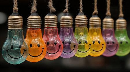 smiling light bulb. Colorful Smiley Face Bulbsの素材