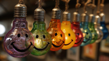 smiling light bulb. Colorful Smiley Face Bulbsの素材