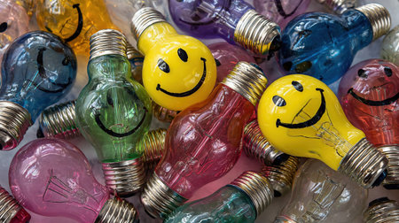smiling light bulb. Colorful Smiley Face Bulbsの素材