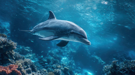 A vibrant underwater scene showingcasing dolphins gracefully swimming through a lush kelp forest, sunlight streaming through the water, illuminating the swaying kelp and creating a serene marine paradise. Dolphin Swimming Through Blue Underwater Worldの素材