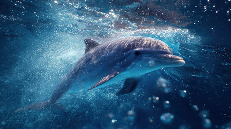 A vibrant underwater scene showingcasing dolphins gracefully swimming through a lush kelp forest, sunlight streaming through the water, illuminating the swaying kelp and creating a serene marine paradise. Dolphin Swimming Through Blue Underwater Worldの素材