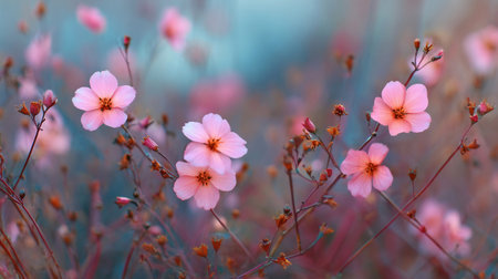 Branches of blossoming cherry macro with soft focus on gentle light blue sky background in sunlight with copy space. Beautiful floral image of spring nature.の素材