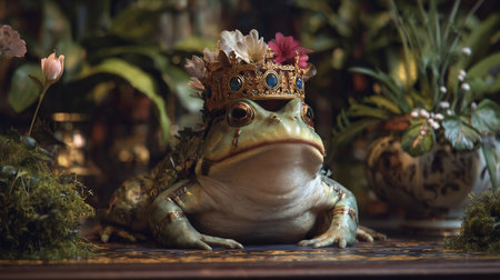 A wooden frog statue wearing a golden crown, seatedの素材
