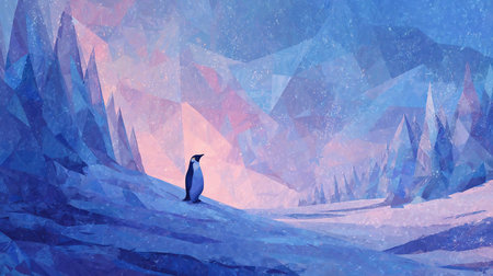 landscape of a group of penguins on a snowy plain. Penguin in Abstract Snowy Landscapeの素材