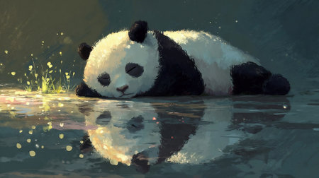 Baby Panda Showing Stomach and Lying Down. Charming Panda Resting on a Gentle Surfaceの素材