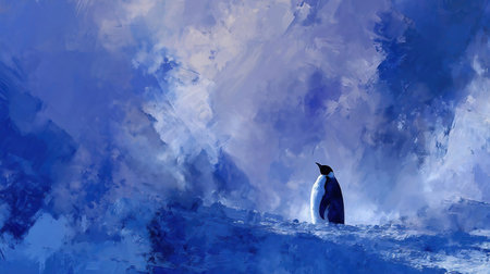 landscape of a group of penguins on a snowy plain. Penguin in Abstract Snowy Landscapeの素材
