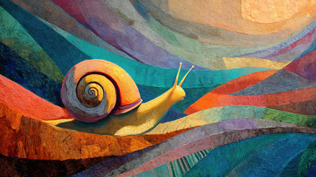 Sunlight highlights the snail's movement, emphasizing its textures and colors. Colorful Snail Exploring an Abstract Landscapeの素材