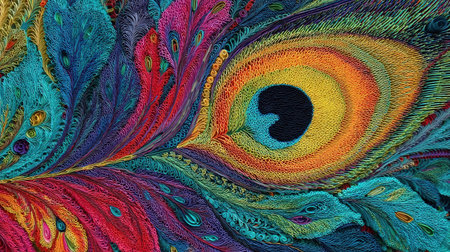 Macro shot of peacock feathers. Detailed macro shots of vibrant peacock feathers creating a mesmerizing and colorful background. Created Vibrant Abstract Peacock Feather Designの素材