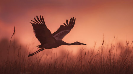 Snowy egret landing in a Northern California marsh in the warm sunset light. Stork in Warm Sunset Lightの素材