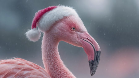 Flamingo wearing santa claus hatの素材
