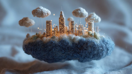 levitating galaxy-shaped fiber art, 3d miniature clouds city balloon basket, side flying angleの素材