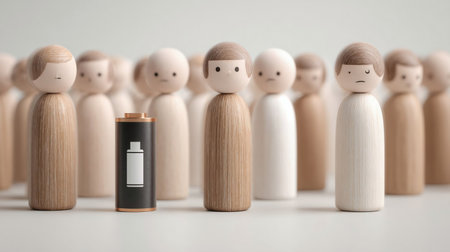 Introvert concept design of wooden people with low battery icon standing among wooden people on white background with copy space 3d renderの素材