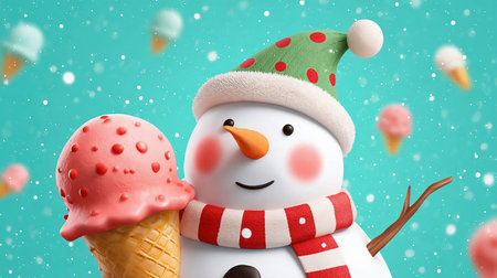 Summer christmas in july concept design of snowman ice cream with christmas hatの素材