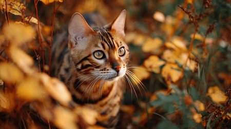 cat on autumn evenings walking in the park in the grass and foliage. A bengal cat exploring the autumn forest. Beautiful Cat walks through the fallen yellow leavesの素材