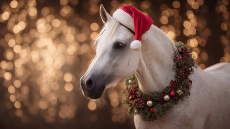 horse wearing red Santa hat and Christmas wreath with ornaments, festive bokeh background. Graceful white Arabian horse adorned with a red Santa hat and a green Christmas wreath decorated with baubles and pine branches, standing against a glowing festive bokeh backgroundの素材