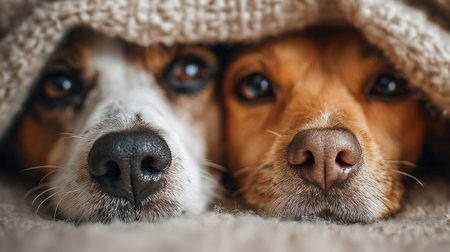 The cute noses of two dogs under a blanket A concept of love and friendship, comfort and happiness.の素材