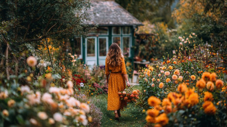 Back view to Woman florist walking among dahlias in her garden making bouquet for fall arrangement with orange flowers. Autumn vibesの素材