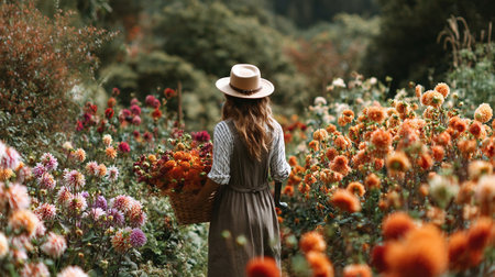 Back view to Woman florist walking among dahlias in her garden making bouquet for fall arrangement with orange flowers. Autumn vibesの素材