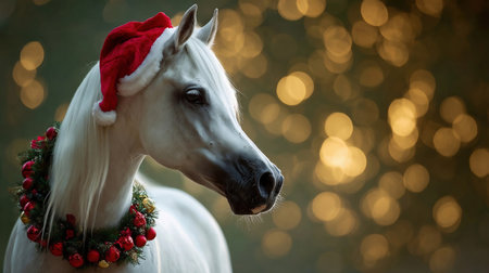 horse wearing red Santa hat and Christmas wreath with ornaments, festive bokeh background. Graceful white Arabian horse adorned with a red Santa hat and a green Christmas wreath decorated with baubles and pine branches, standing against a glowing festive bokeh backgroundの素材