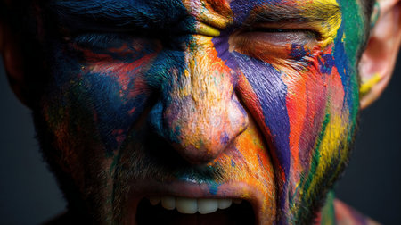 A man with painted face screaming loud. man with painted face screamingの素材