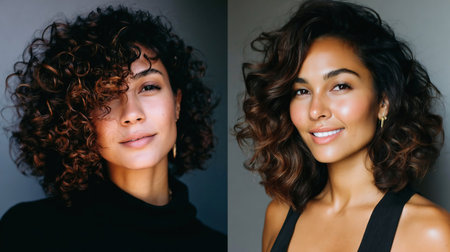 Studio Portrait of two women. Comparison of hairstyles on curly hairの素材