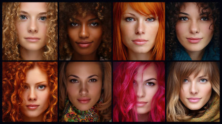 Portrait collage of women with various hair color skin tone and complexionの素材