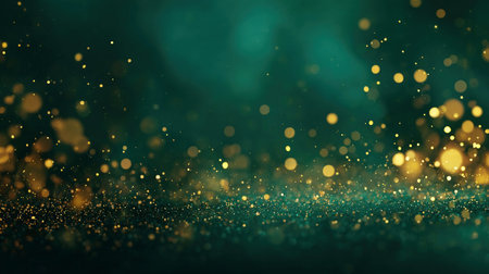 dark green christmas background for product presentation and falling golden bokeh lightsの素材