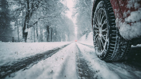 Car tires in winter on the road covered with snow. Winter road and wheel of a car with snow. Winter tire. Car on snow road. Tires on snowy highway detail. snow covered road with car tires wheelsの素材