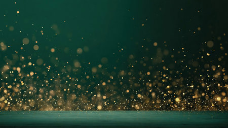 dark green christmas background for product presentation and falling golden bokeh lightsの素材