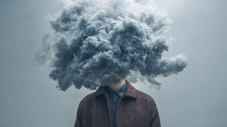 Surreal black and white concept man with cloud over head. smoky cloud in front of person headの素材