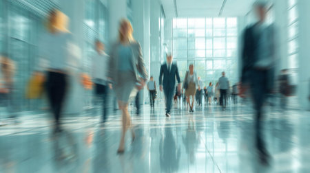 Blurry, defocused, unrecognizable people. blurred background of walking people in modern green business buildingの素材