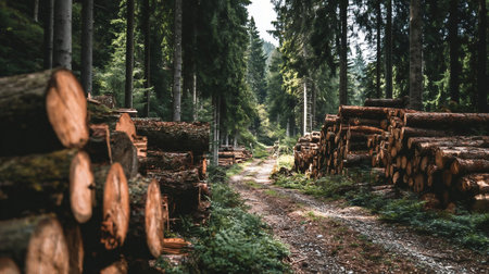 A peaceful forest landscape with piles of wood along a dirt path, illustrating deforestation and natural resource management. cut stacked tree logs on forest pathwayの素材