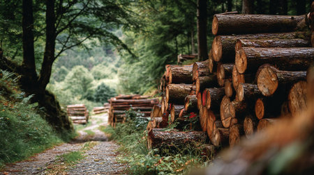 A peaceful forest landscape with piles of wood along a dirt path, illustrating deforestation and natural resource management. cut stacked tree logs on forest pathwayの素材