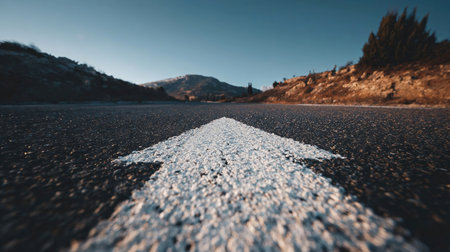 White road arrow on dark asphalt. low angle of white arrow on asphalt road showing goalの素材