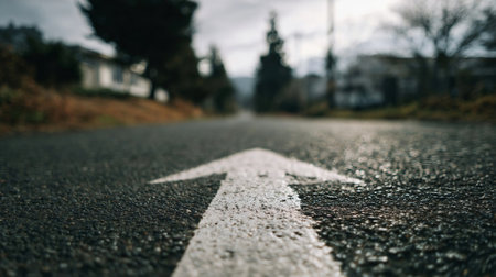 White road arrow on dark asphalt. low angle of white arrow on asphalt road showing goalの素材