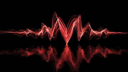 Cardiogram with a heart symbol embroidered with red threads. abstract red heart beat on black backgroundの素材