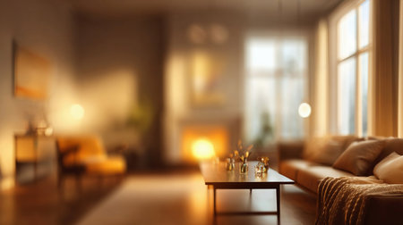 Defocused Background of Cozy Modern Living Room with Warm Fireplace, Stylish Decor, and Inviting Atmosphere for Home Comfort and Relaxation. Blurred Background Photo.の素材