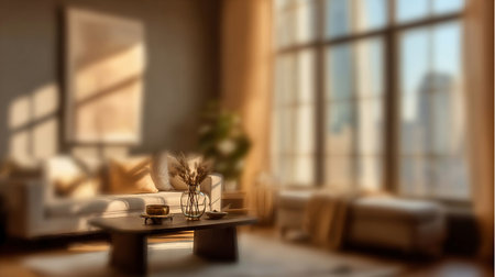 Defocused Background of Cozy Modern Living Room with Warm Fireplace, Stylish Decor, and Inviting Atmosphere for Home Comfort and Relaxation. Blurred Background Photo.の素材
