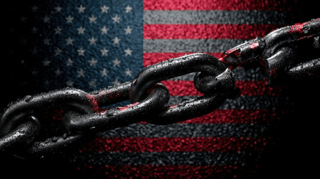seamless pattern made of USA flags. black metal heavy chains with usa flag backgroundの素材