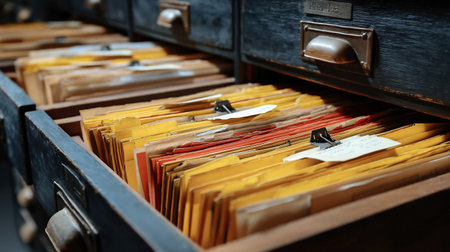 Paper documents stacked in archive. folders with documents on the shelves of archive room. Office shelves in the closet full of files. folders with files documents in archiveの素材