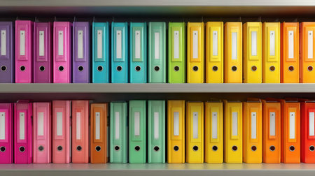 Rows of Colorful Document Folders. colorful folders on shelf in rowの素材