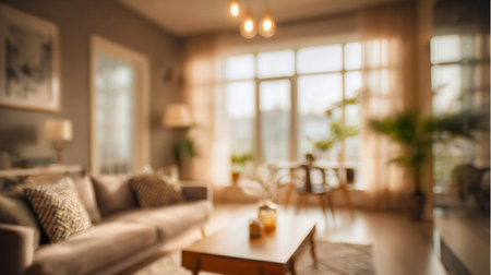 Cozy, blurred living room interior. blurred warm living room interior with soft lightの素材