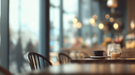 Banner Blurred background cafe coffee shop restaurant in shopping mall with light bokeh business event retail store. Banner blurry background interior design bar table chair windows with copy space. blurred coffee shop background bannerの素材