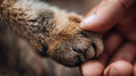 Human hand and cat paw, togetherness and friendship, animal love, closeup body part, bannerの素材