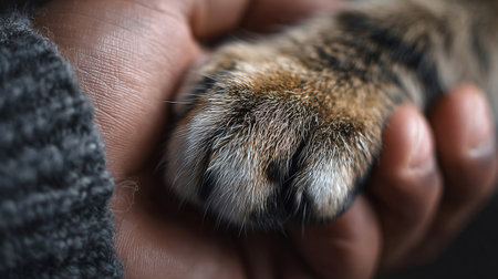 Human hand and cat paw, togetherness and friendship, animal love, closeup body part, bannerの素材