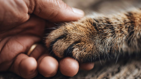 Human hand and cat paw, togetherness and friendship, animal love, closeup body part, bannerの素材