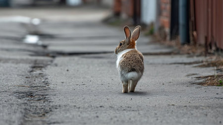 domestic rabbit walks down the street. Pets concept.の素材