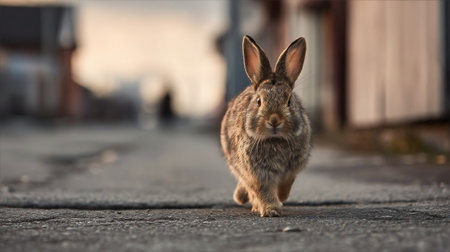 domestic rabbit walks down the street. Pets concept.の素材