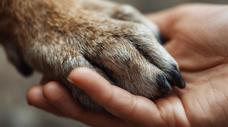 Human hand and dog paw, togetherness and friendship, animal love, closeup body part, bannerの素材